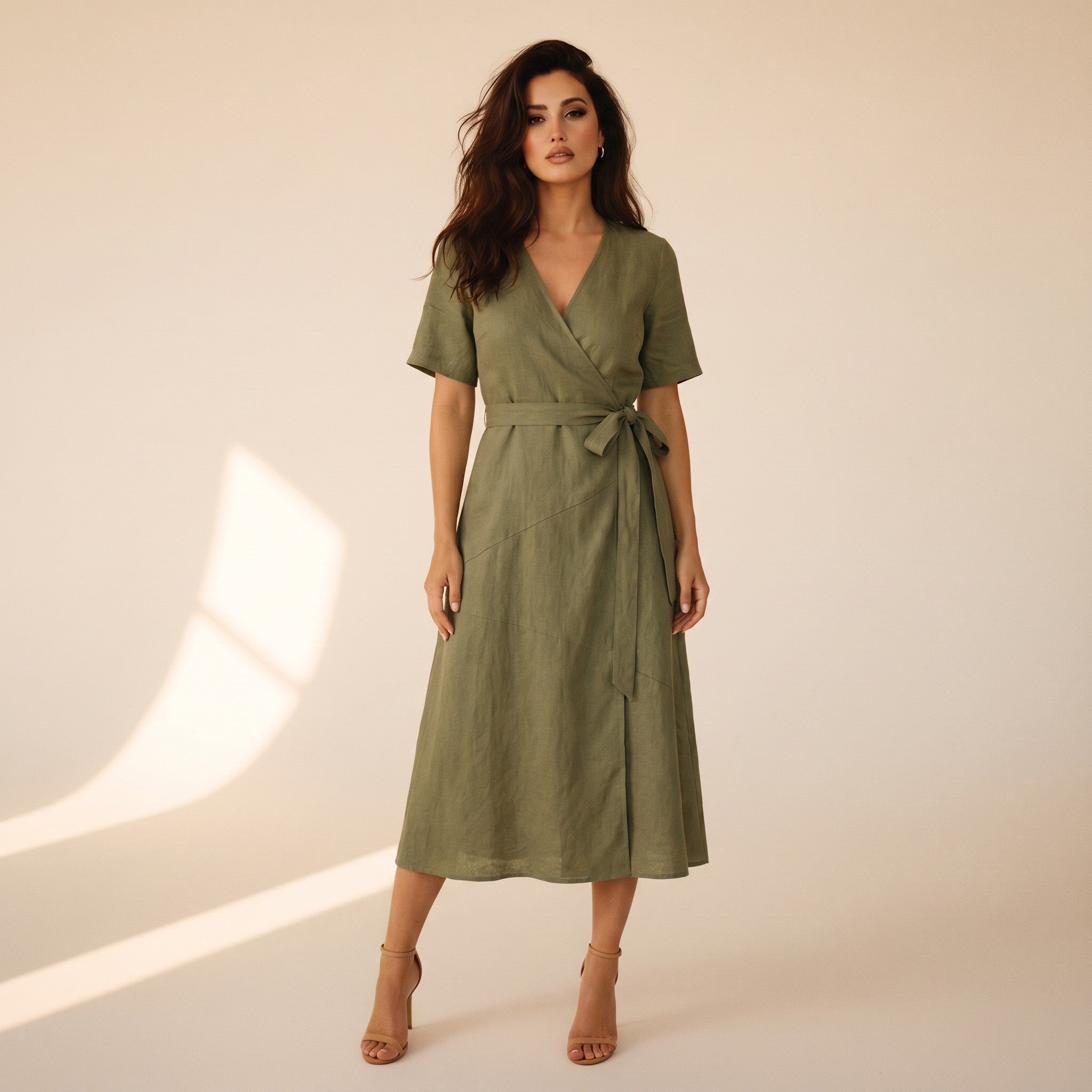 Genevra | Women's Linen Wrap Dress - olive front