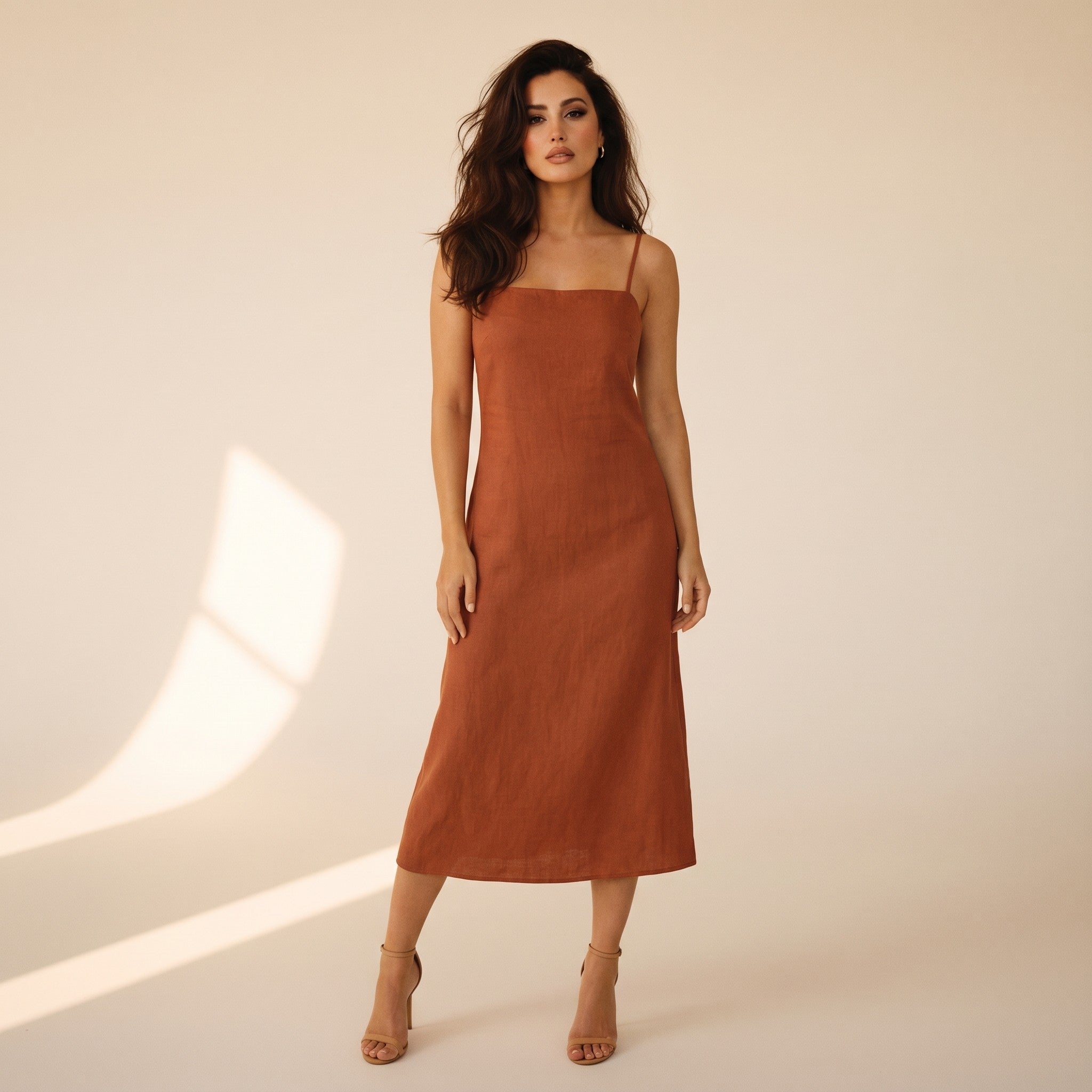 Delphine | Women's Linen Cami Midi Dress - rust front