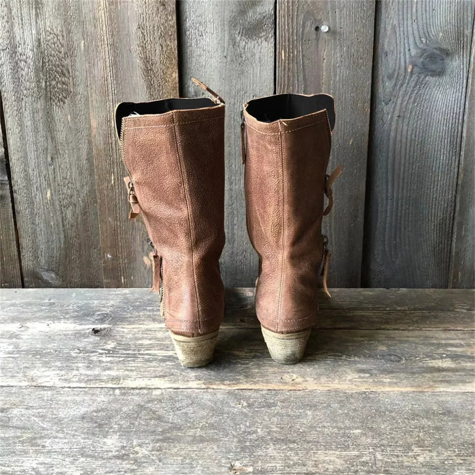 Women’s Brown Leather Mid-Calf Boots – Vintage Zip Block Heel Comfort Boots for Fall & Winter