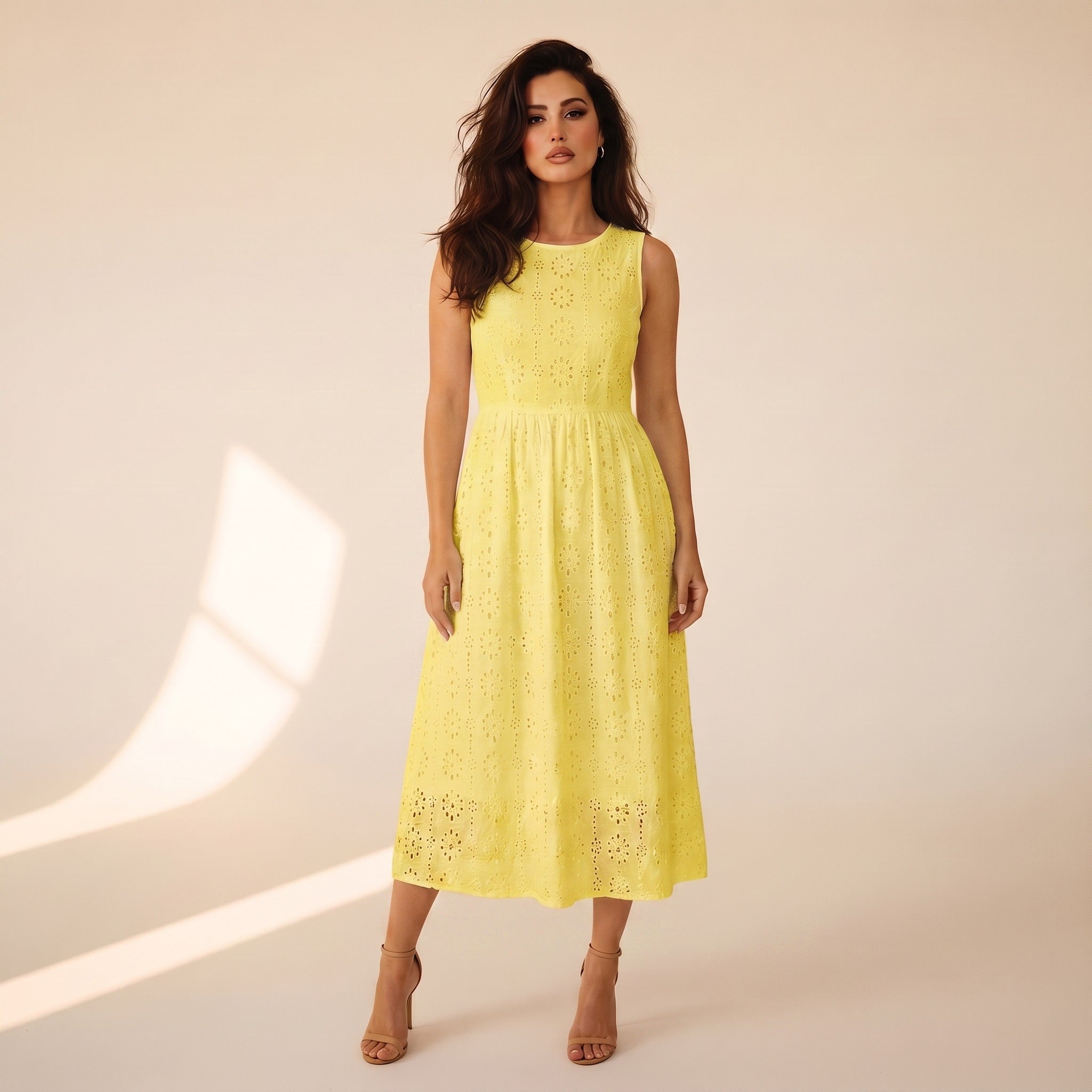 Ottilie | Women's Broderie Midi Dress - Lemon