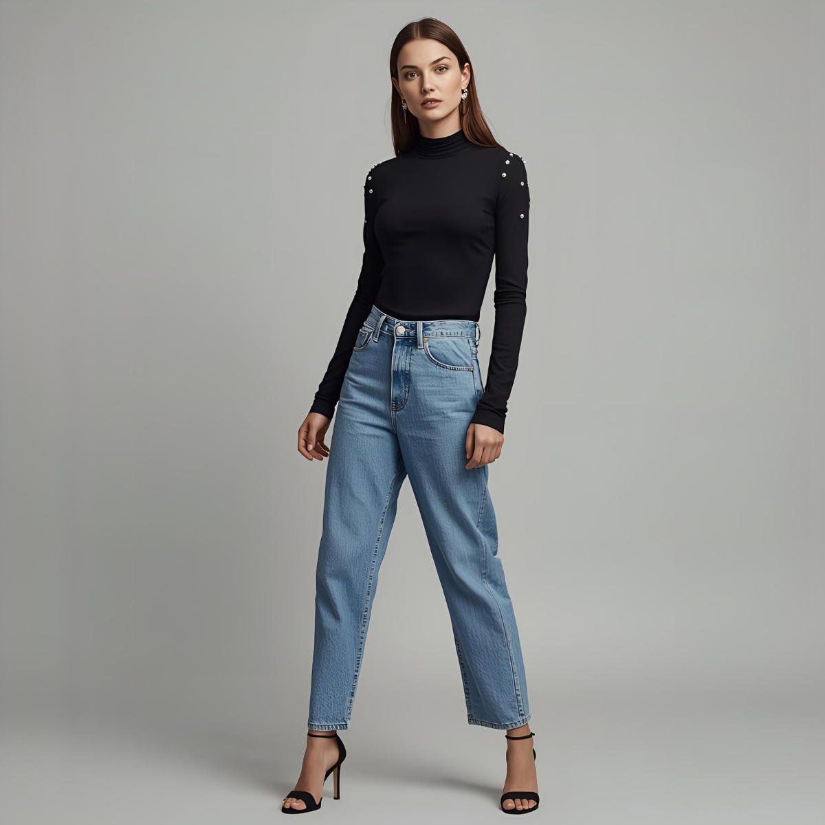 NOIRELLE | Black Turtleneck Long Sleeve Top with Pearl Accents