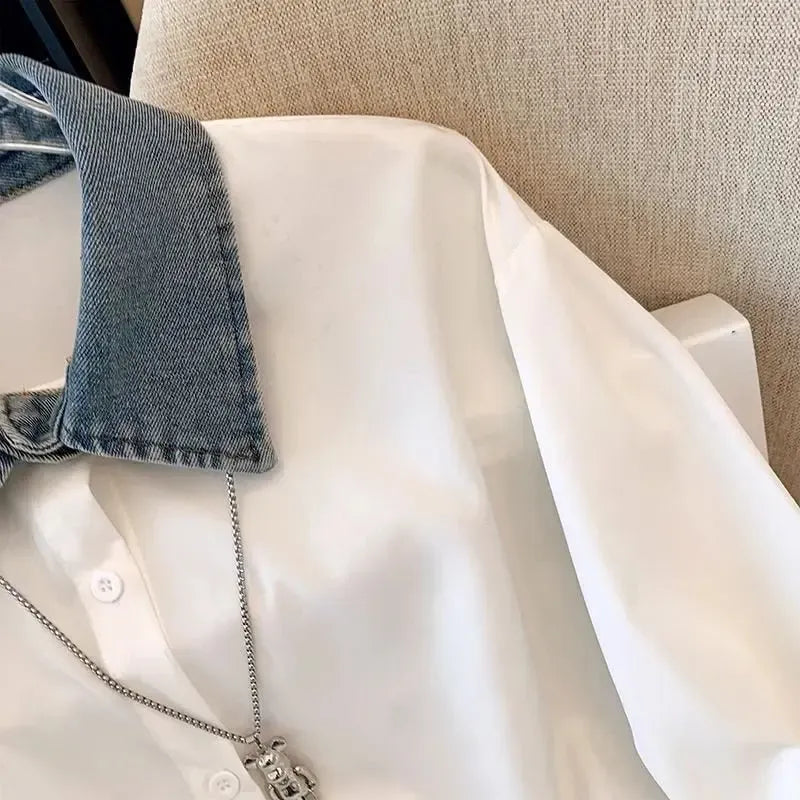 Women’s White Denim Shirt – Colour Block Long Sleeve Collared Button Down