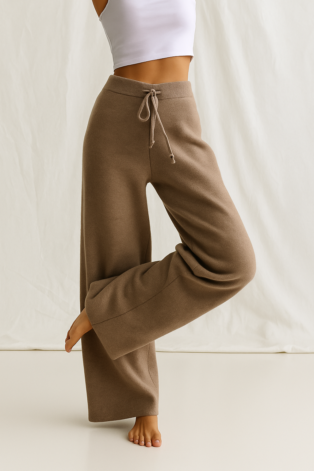 Cashmere-Look Knit Pants – Soft Wide-Leg Lounge Trousers in Taupe