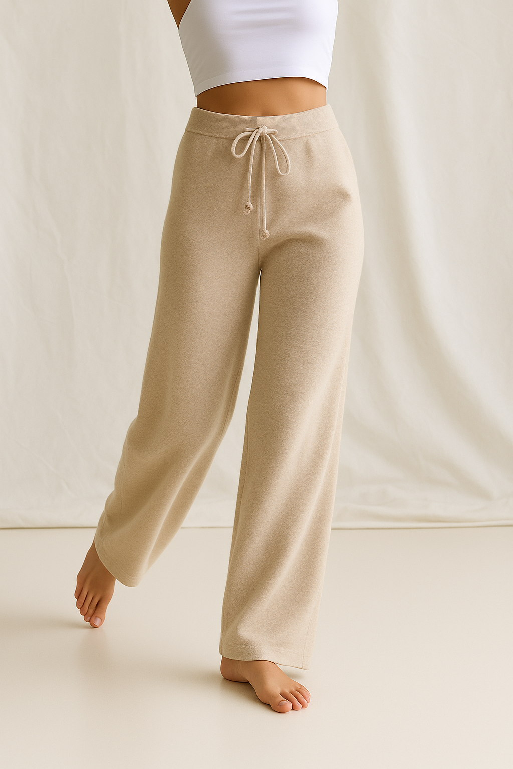 Cashmere-Look Knit Pants – Soft Wide-Leg Lounge Trousers in Taupe
