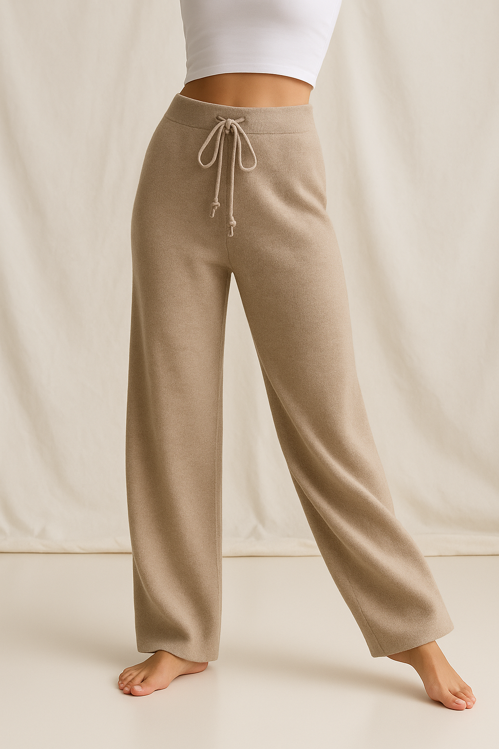 Cashmere-Look Knit Pants – Soft Wide-Leg Lounge Trousers in Taupe