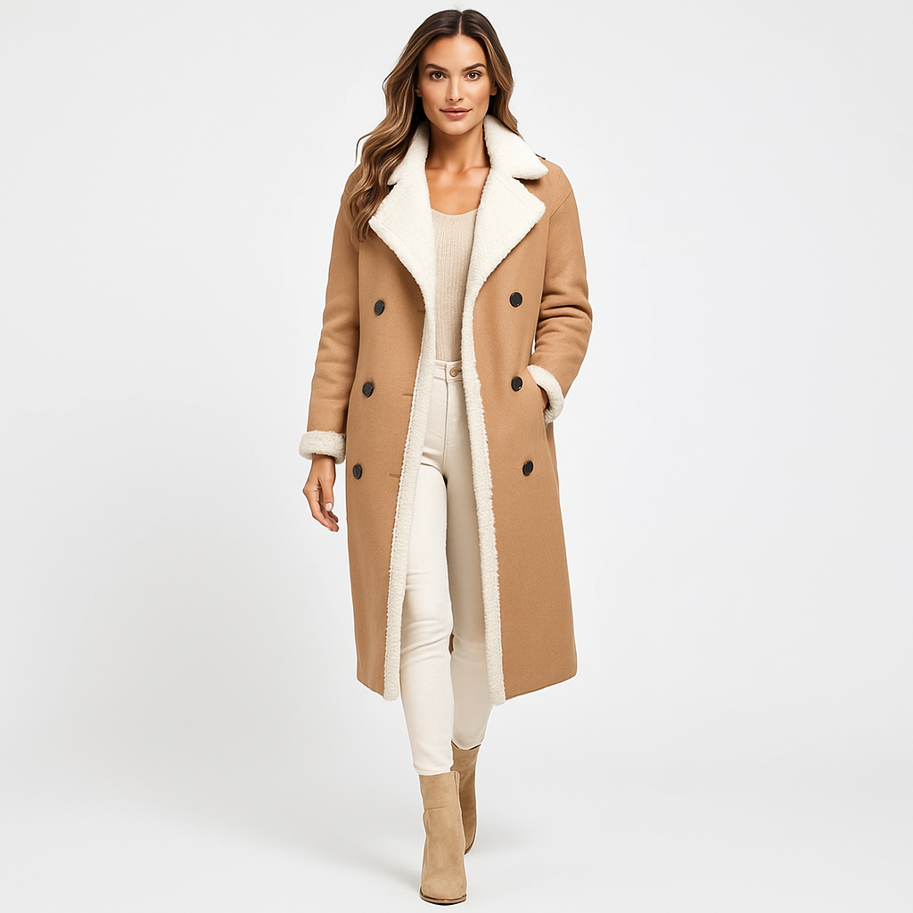 Double-Breasted Shearling Trim Coat for Women