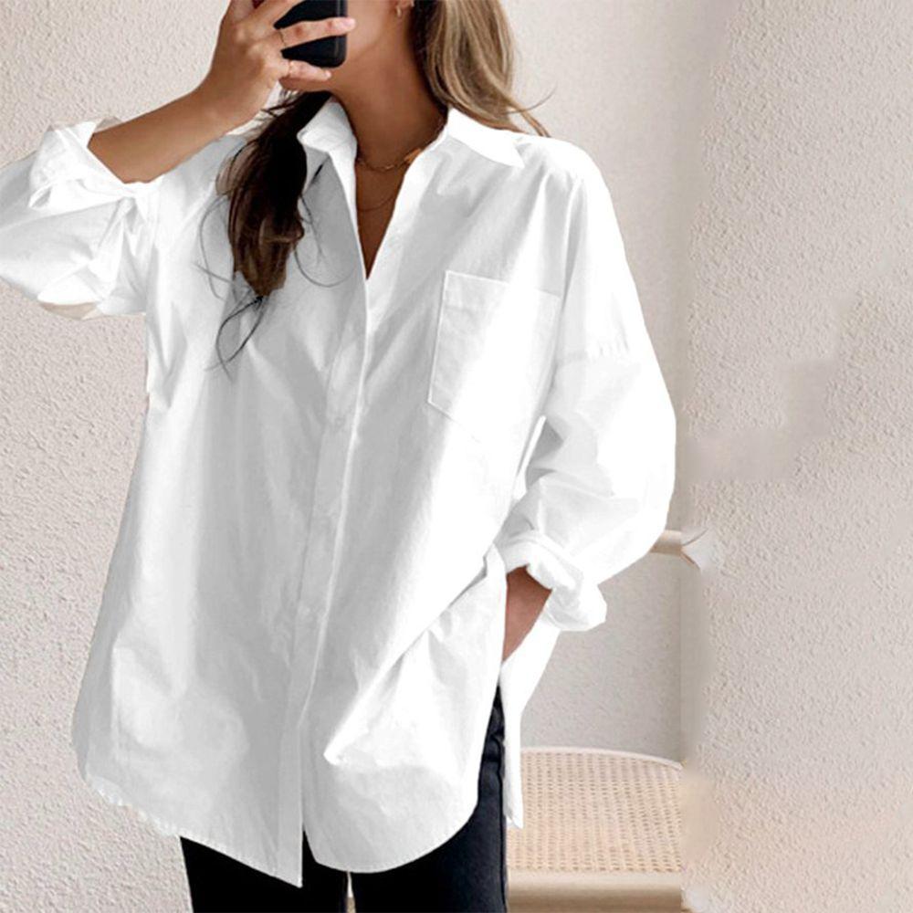 Women’s White Collared Shirt – Long Sleeve Plain Button Down Blouse