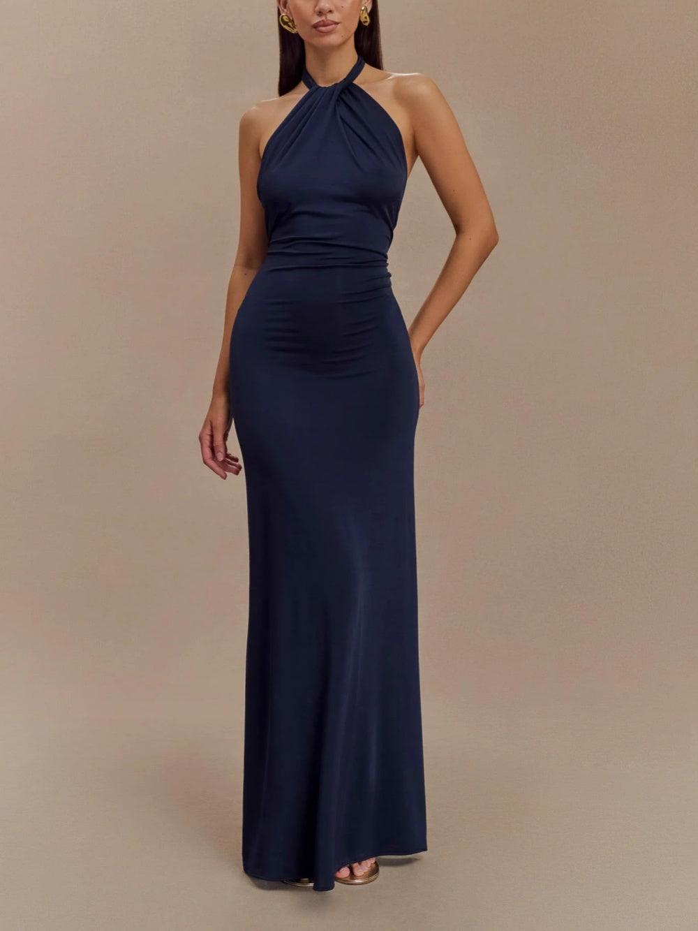 Women’s Halter Neck Maxi Dress – Ruched Bodycon Polyester Evening Dress