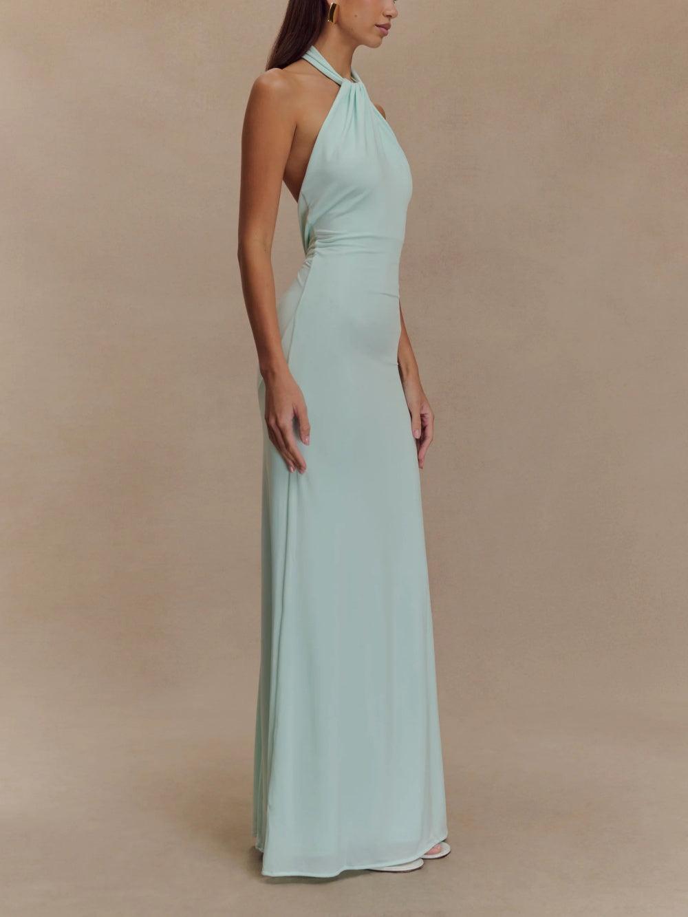 Women’s Halter Neck Maxi Dress – Ruched Bodycon Polyester Evening Dress