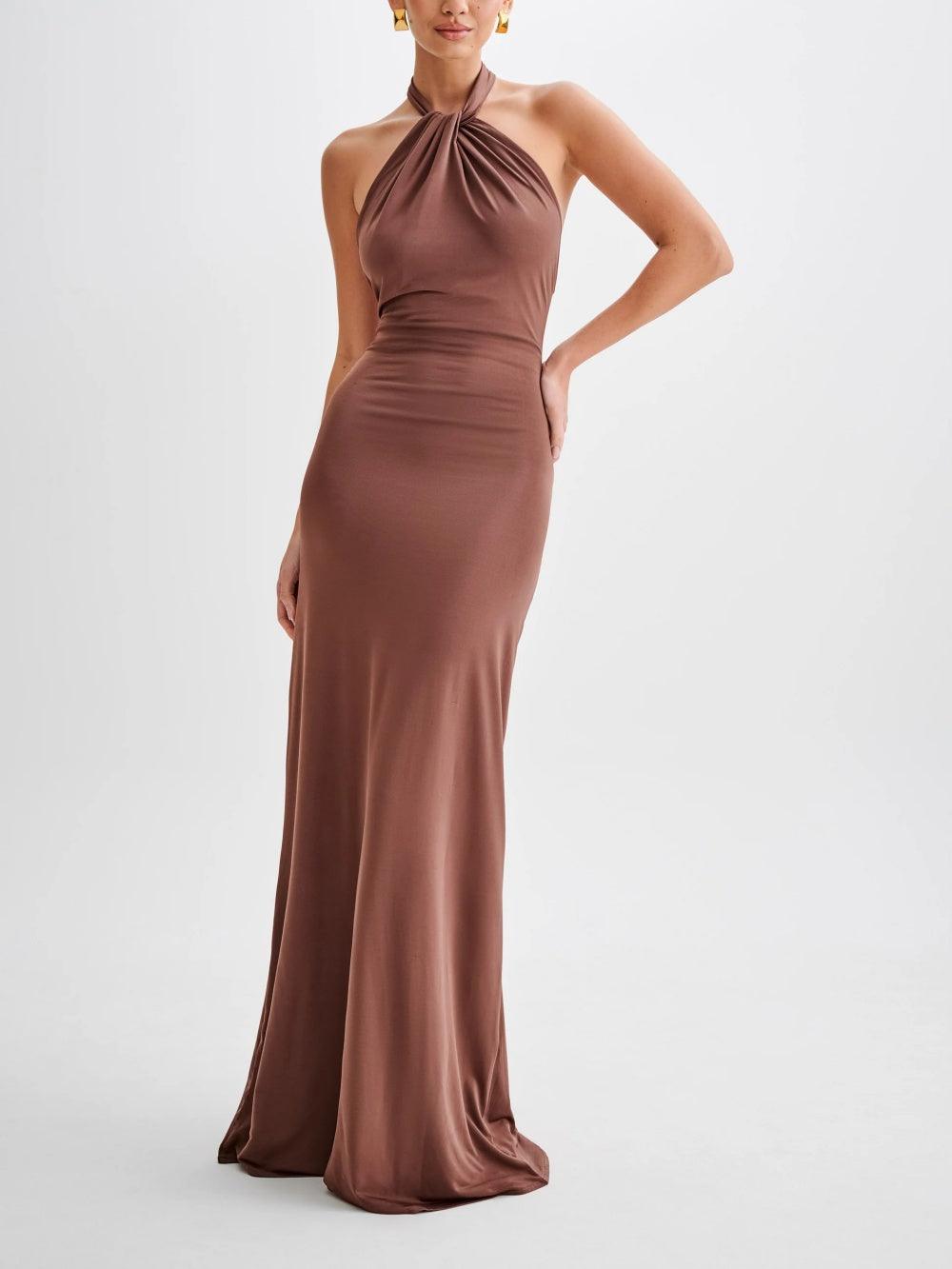 Women’s Halter Neck Maxi Dress – Ruched Bodycon Polyester Evening Dress