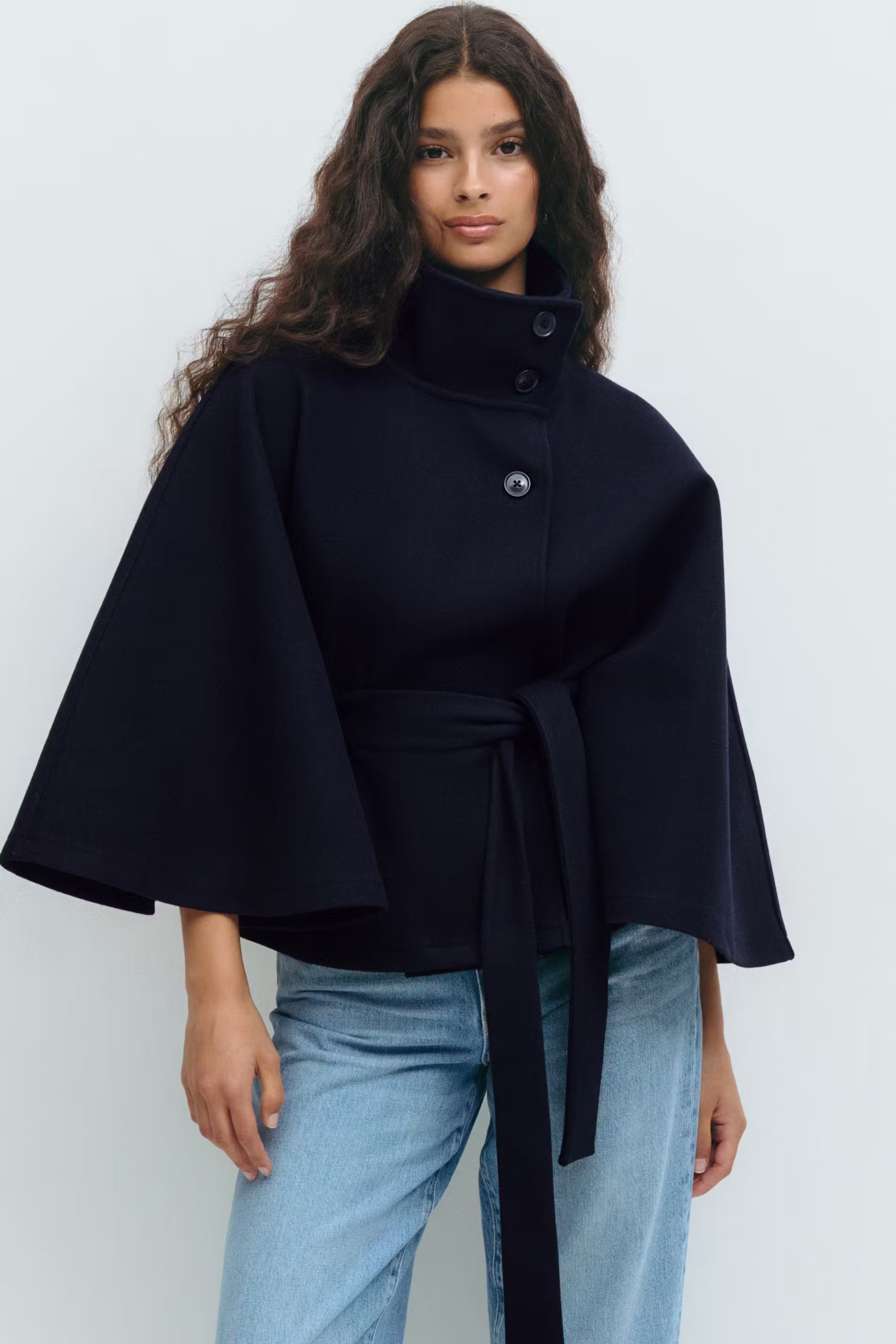 Belted Funnel Neck Jacket for Women