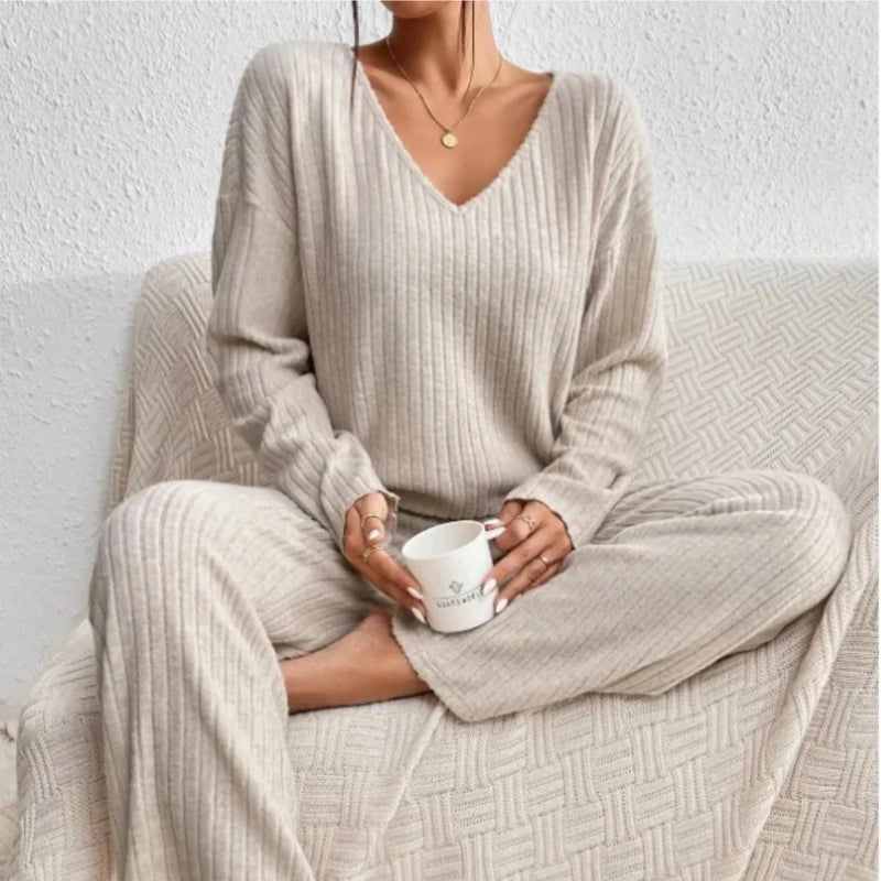Women’s Ribbed Two-Piece Lounge Set – Soft V-Neck Sweater & Matching Trousers