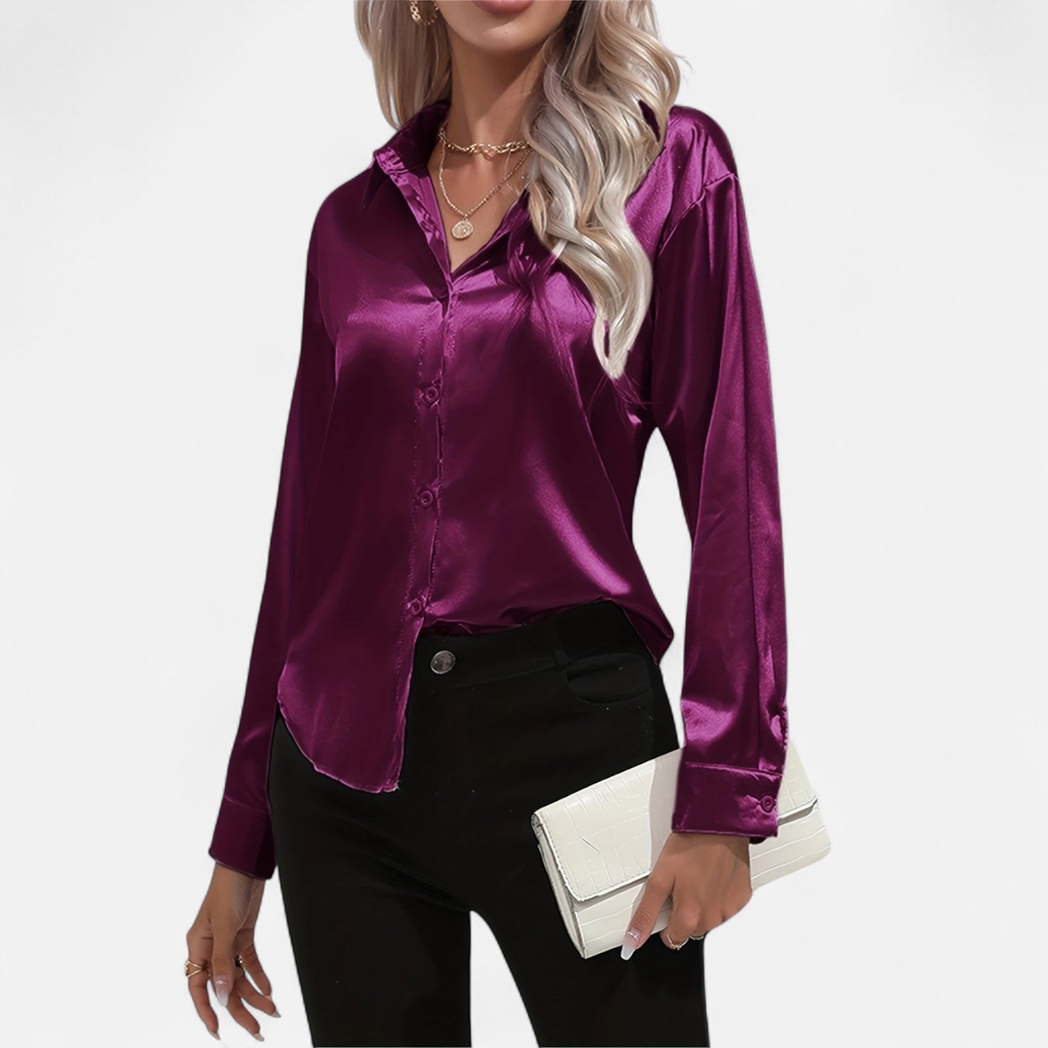Women’s Satin Button-Down Blouse – Classic Long-Sleeve Lapel Shirt