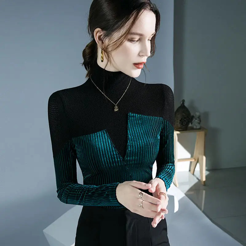 Stylish Velvet Patchwork Turtleneck Knit