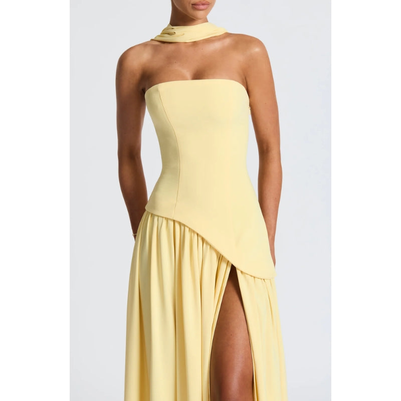 Women’s Strapless Evening Gown – Asymmetric Maxi Dress with High Slit