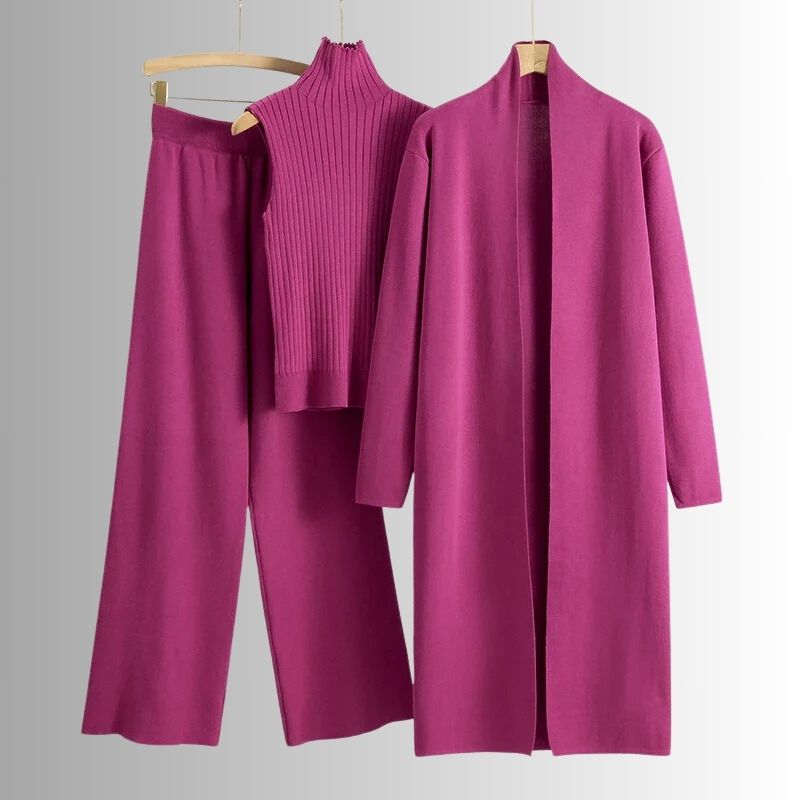 Women’s 3-Piece Knit Lounge Set – Soft Cardigan, Sleeveless Top & Wide-Leg Pants