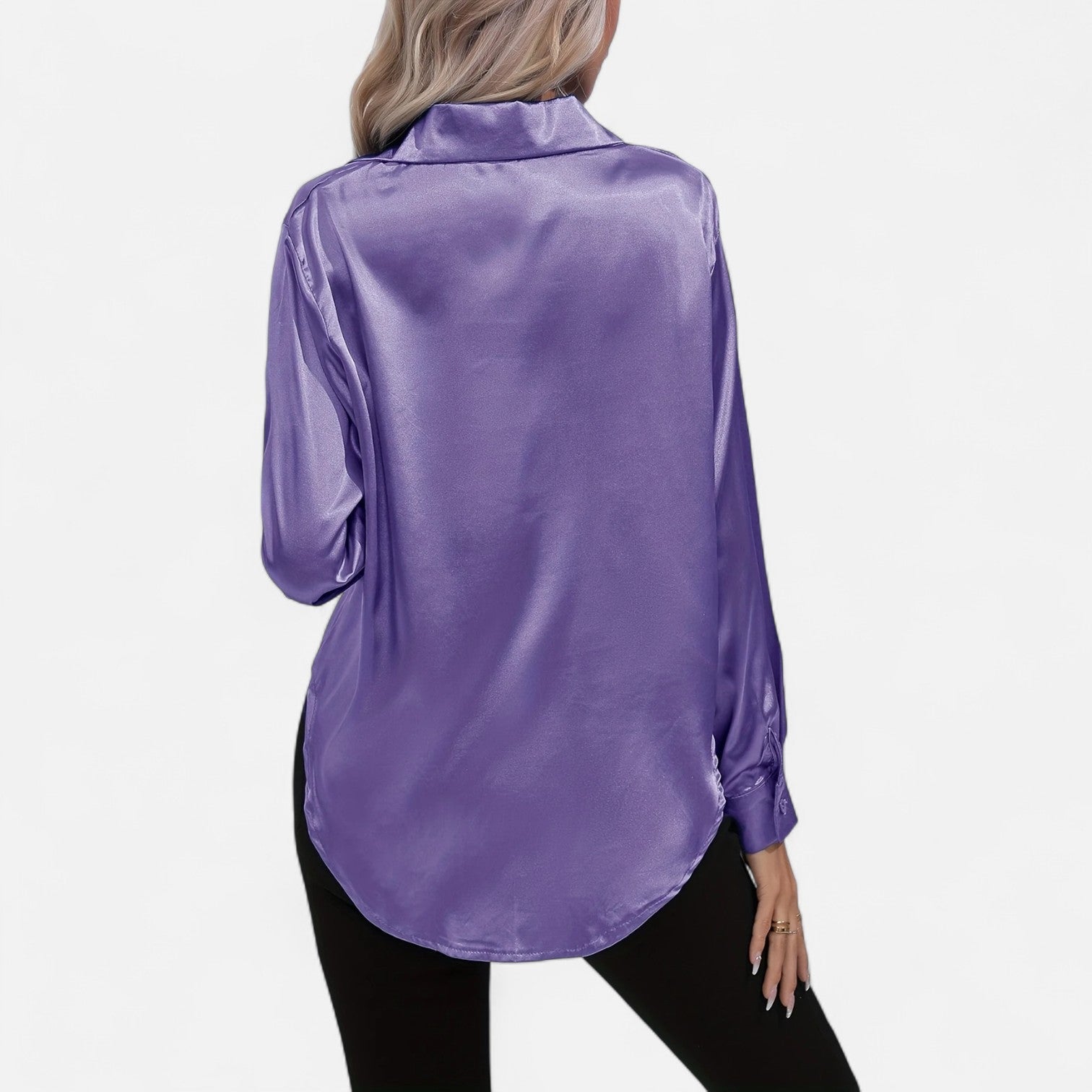 Women’s Satin Button-Down Blouse – Classic Long-Sleeve Lapel Shirt