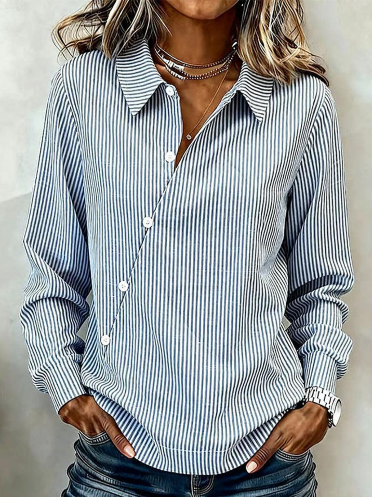 Women’s Blue Striped Button Down Shirt – Long Sleeve Collared Blouse