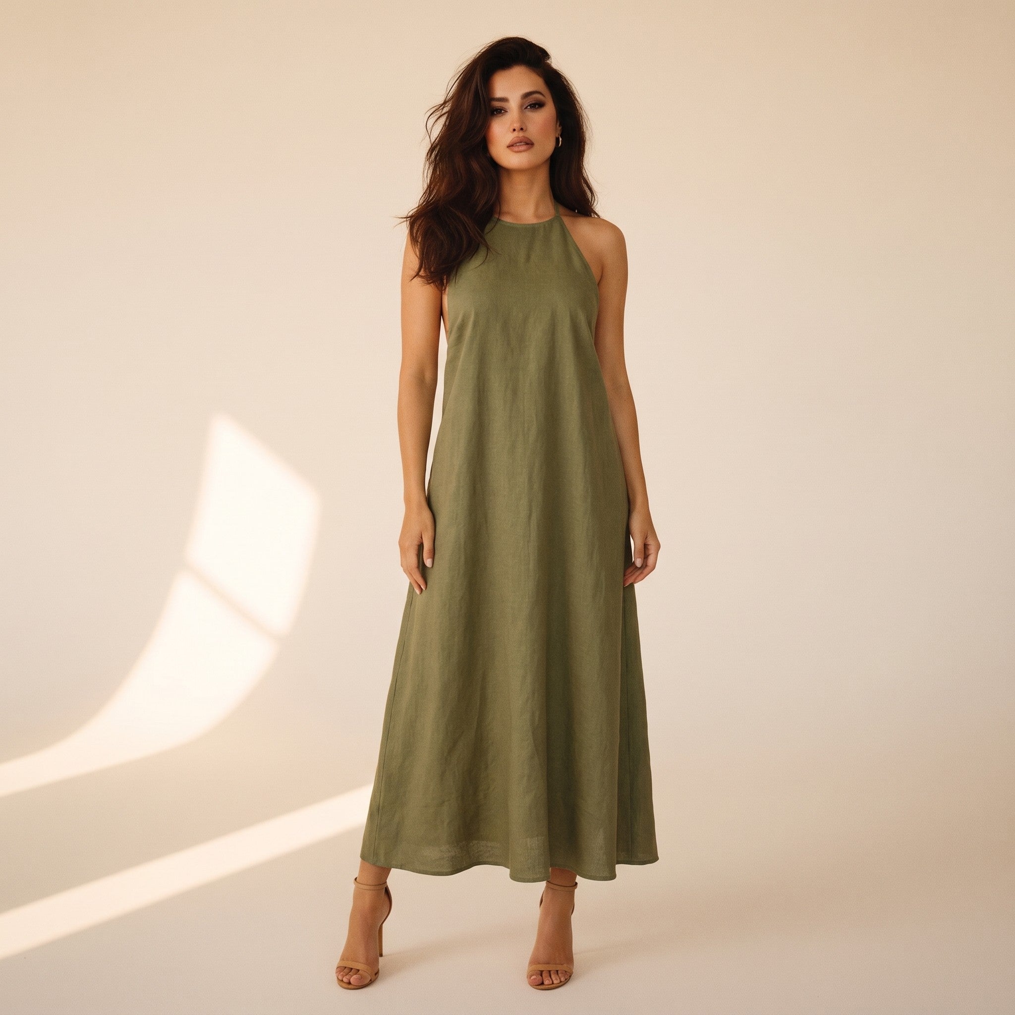 Elodie | Women's Linen Halter Maxi Dress - olive front