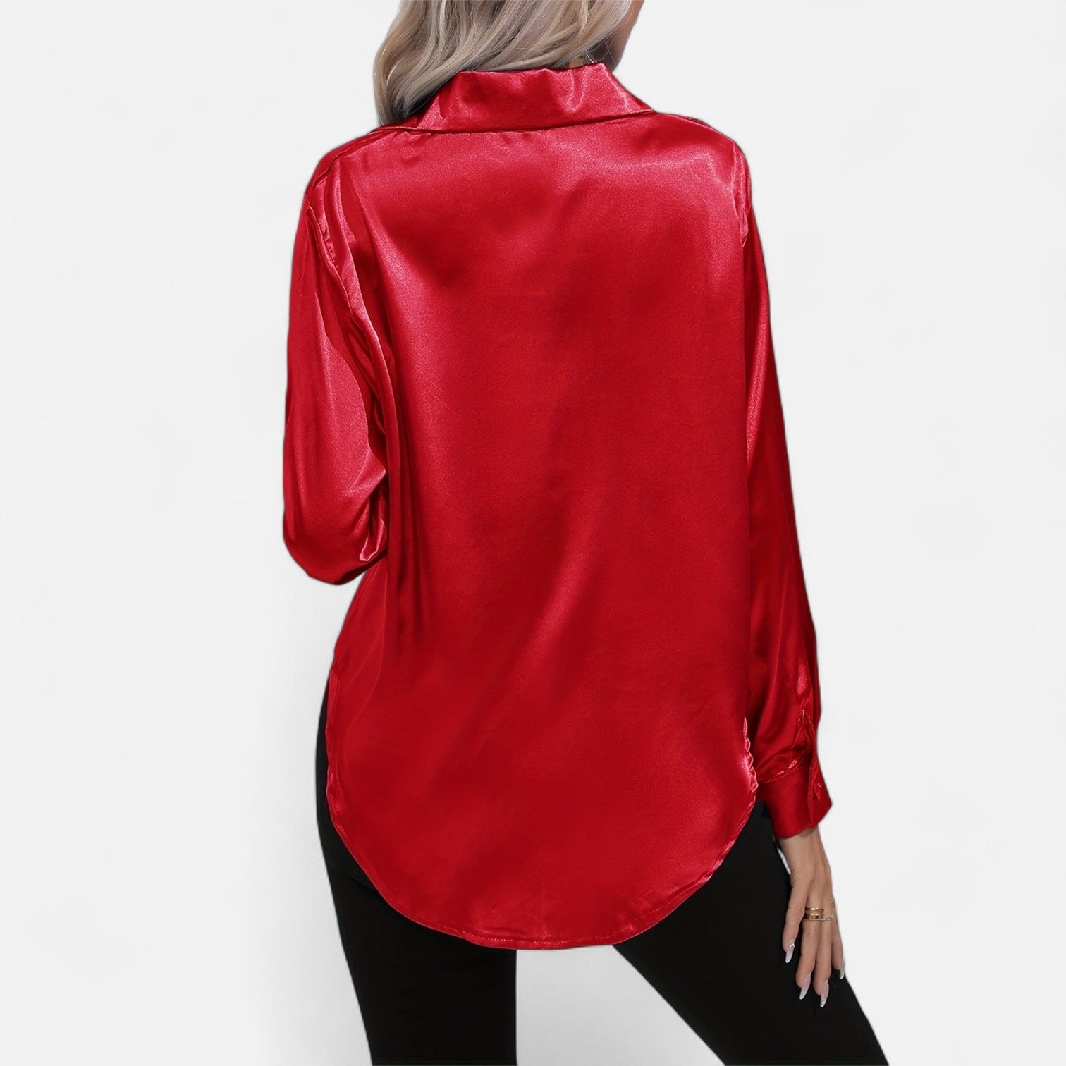 Women’s Satin Button-Down Blouse – Classic Long-Sleeve Lapel Shirt