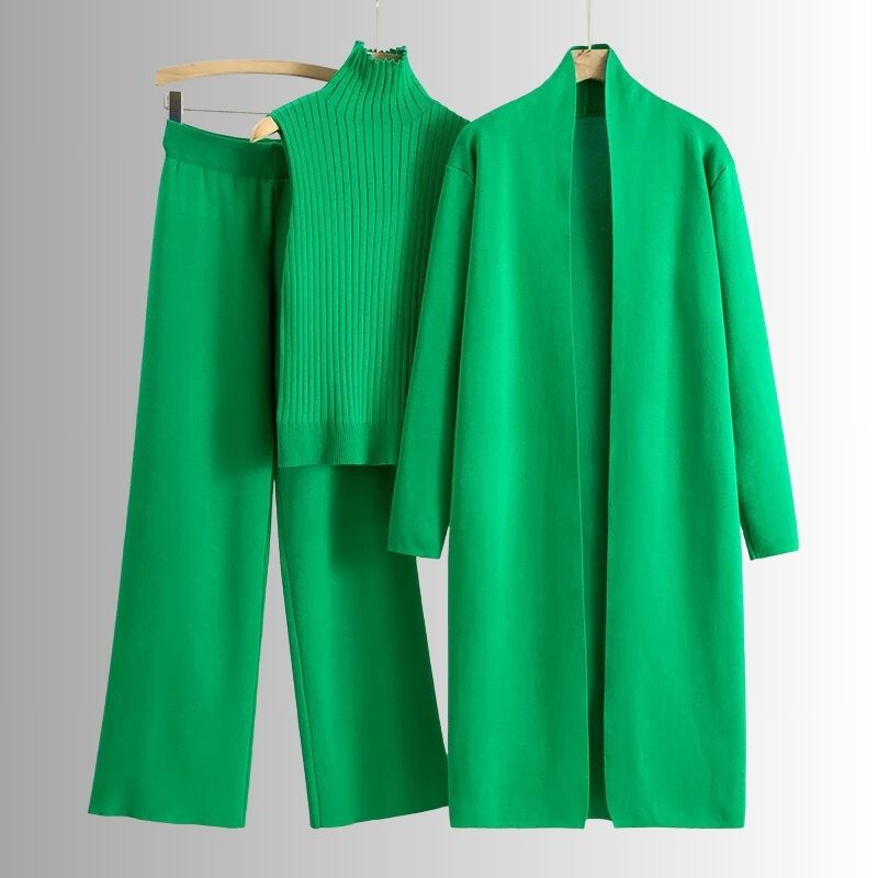 Women’s 3-Piece Knit Lounge Set – Soft Cardigan, Sleeveless Top & Wide-Leg Pants