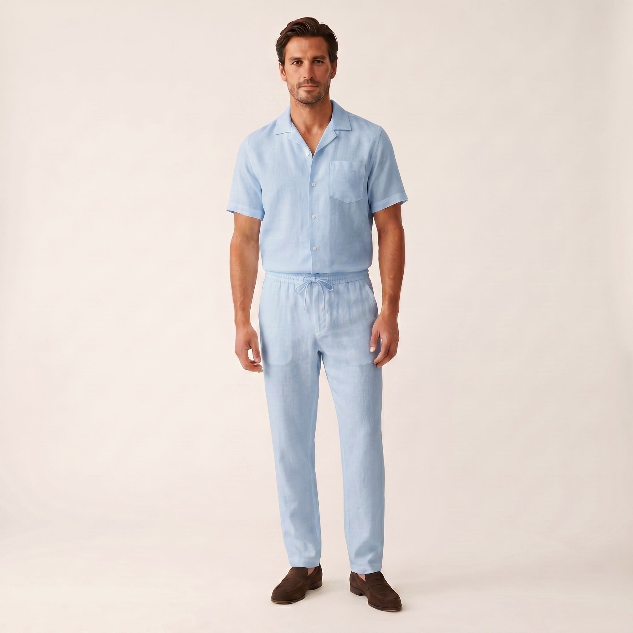 Soren | Men's Linen Cuban Collar Shirt - Sky Blue
