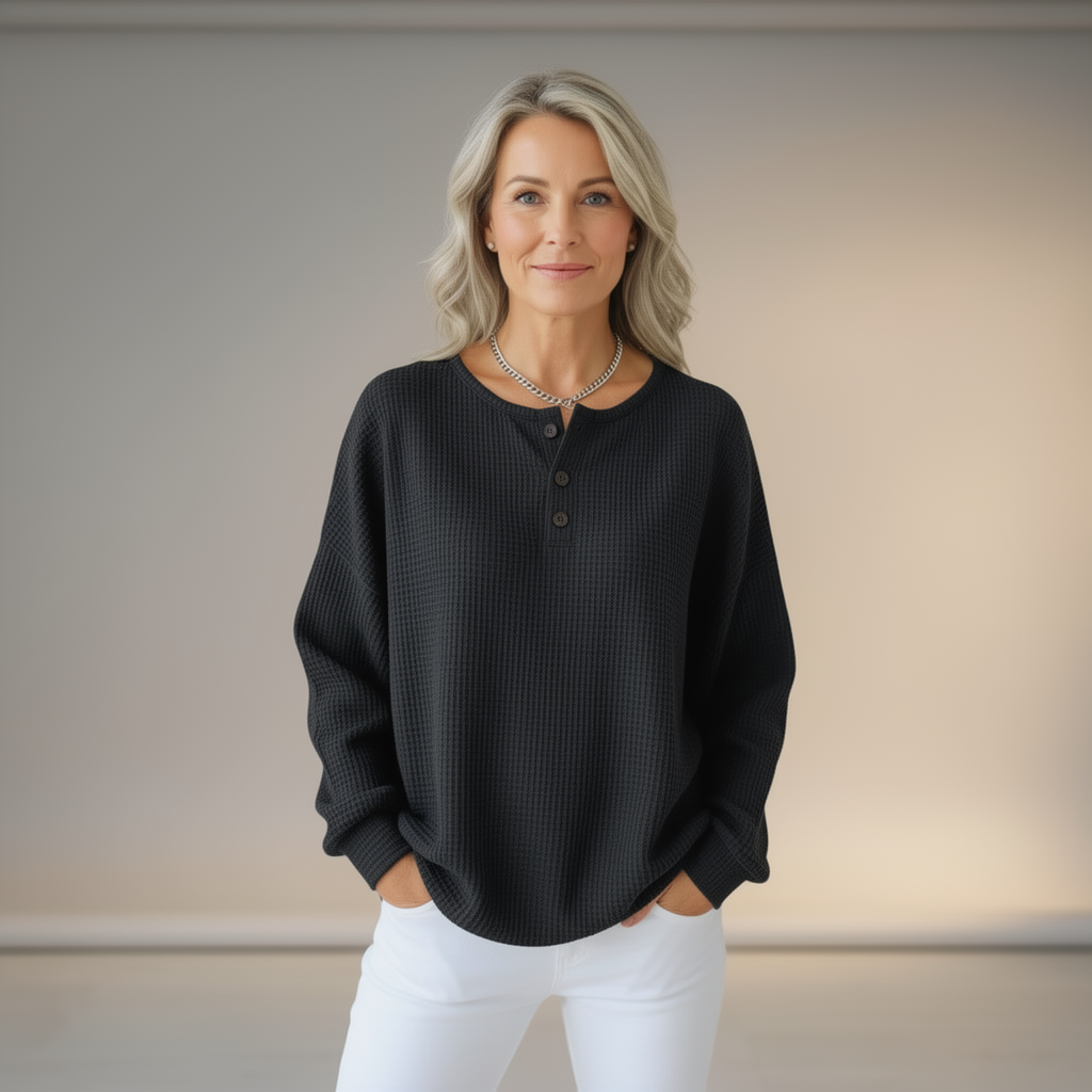 Women’s Waffle Knit Henley Top – Oversized Long Sleeve Cotton Shirt