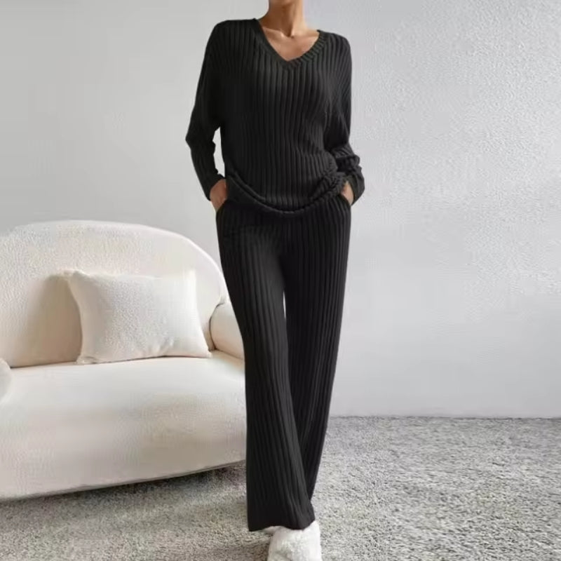 Women’s Ribbed Two-Piece Lounge Set – Soft V-Neck Sweater & Matching Trousers