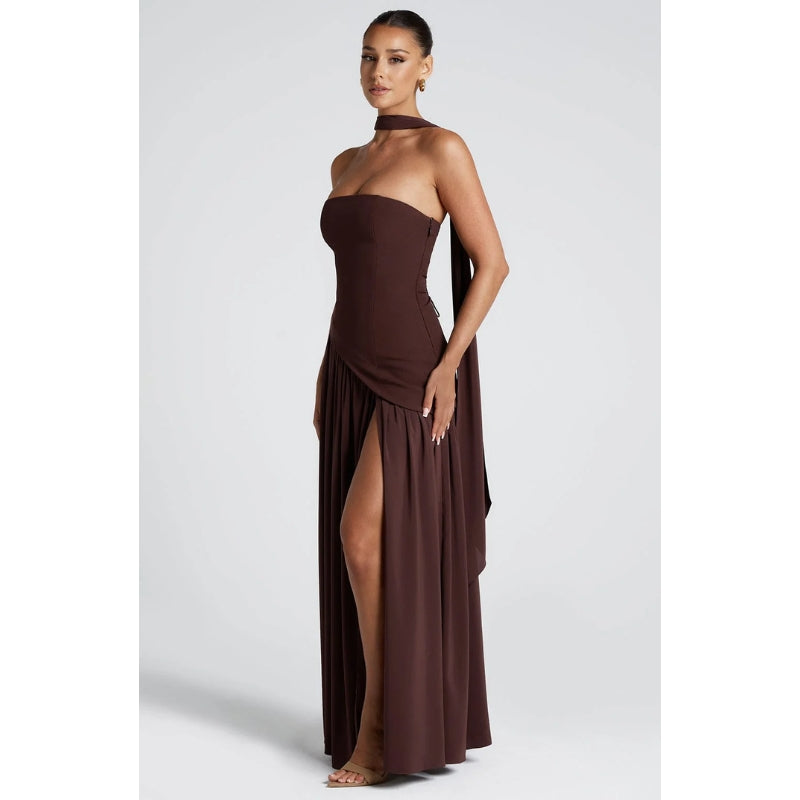 Women’s Strapless Evening Gown – Asymmetric Maxi Dress with High Slit