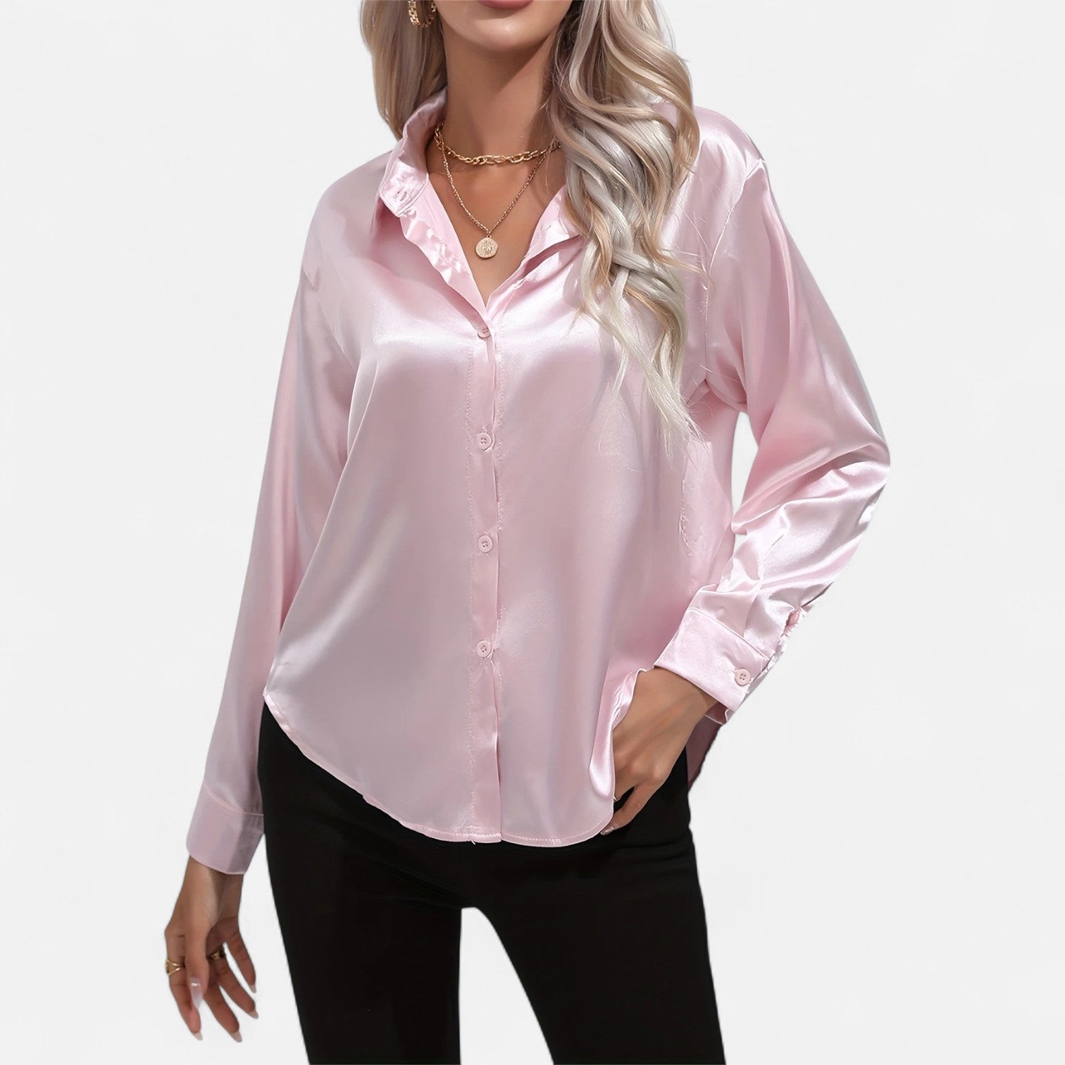 Women’s Satin Button-Down Blouse – Classic Long-Sleeve Lapel Shirt