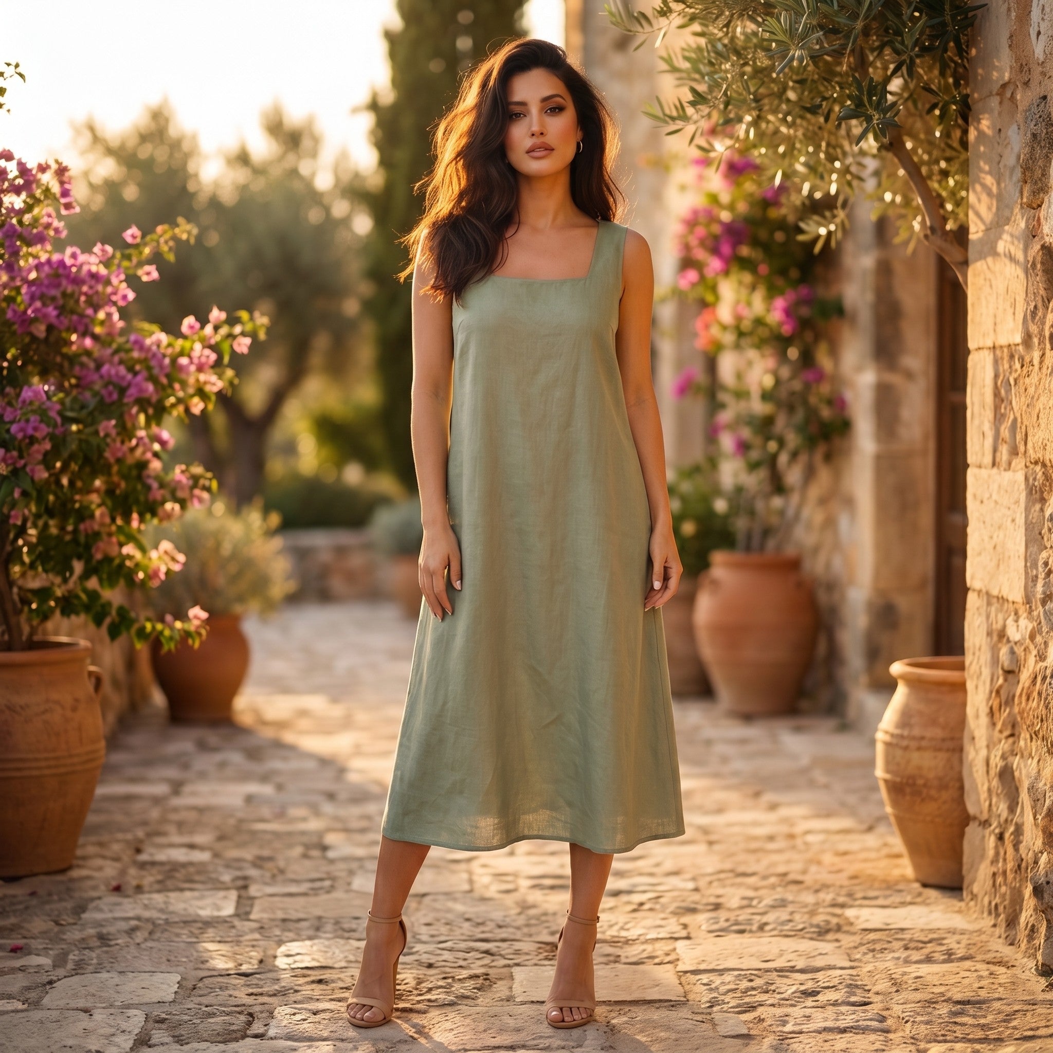 Sabine | Women's Linen Square-Neck Midi Dress - view 5