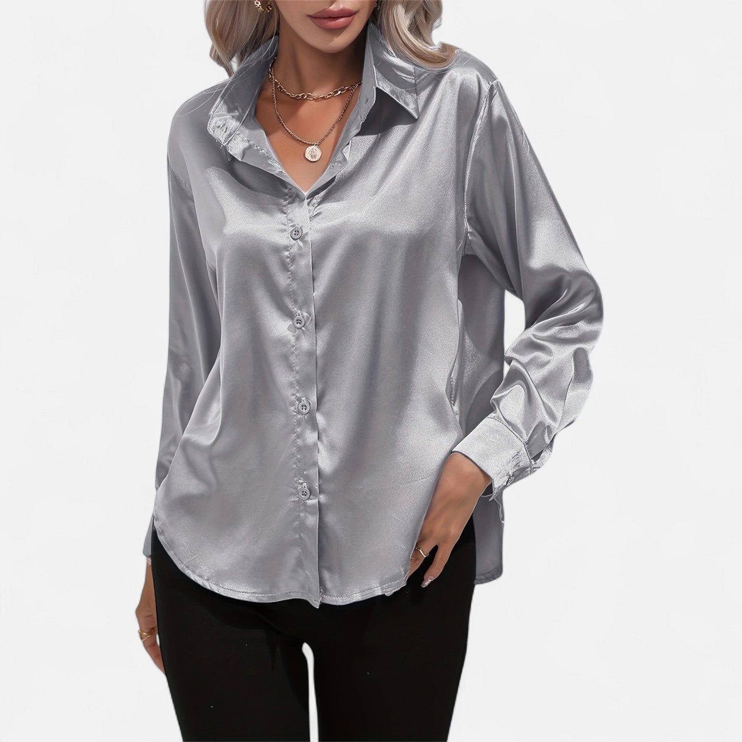 Women’s Satin Button-Down Blouse – Classic Long-Sleeve Lapel Shirt