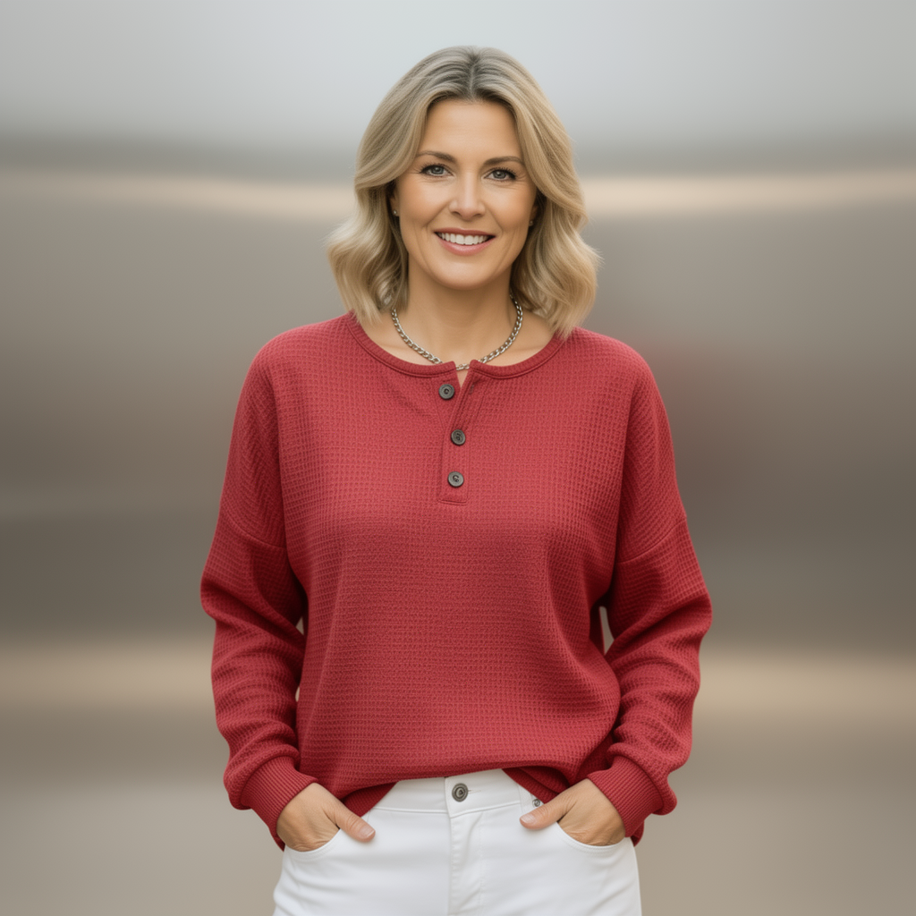Women’s Waffle Knit Henley Top – Oversized Long Sleeve Cotton Shirt