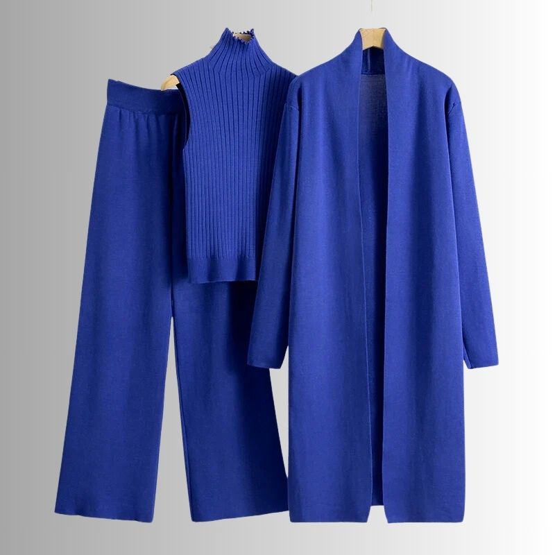 Women’s 3-Piece Knit Lounge Set – Soft Cardigan, Sleeveless Top & Wide-Leg Pants