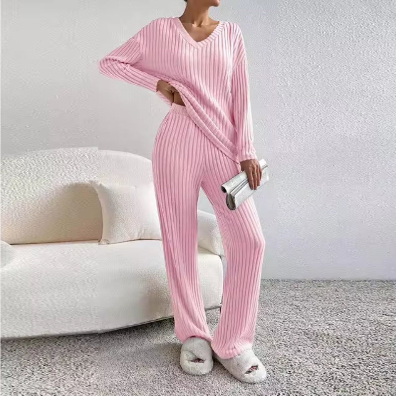 Women’s Ribbed Two-Piece Lounge Set – Soft V-Neck Sweater & Matching Trousers