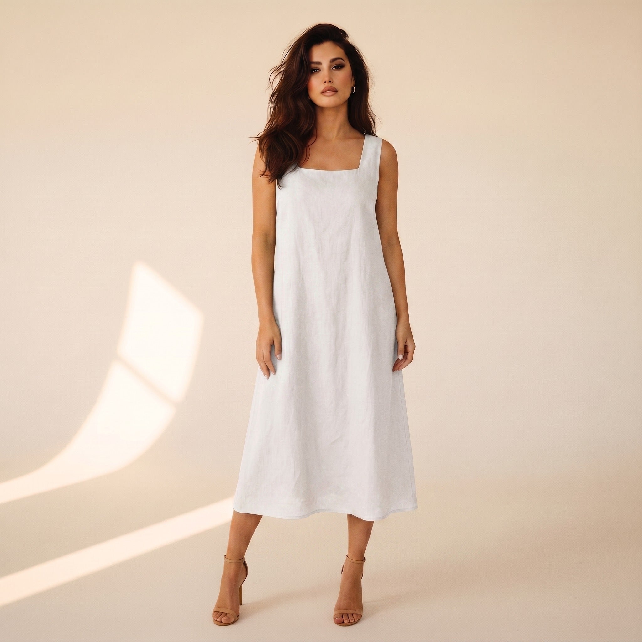 Sabine | Women's Linen Square-Neck Midi Dress - White