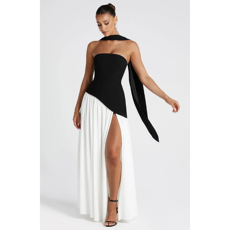 Women’s Strapless Evening Gown – Asymmetric Maxi Dress with High Slit