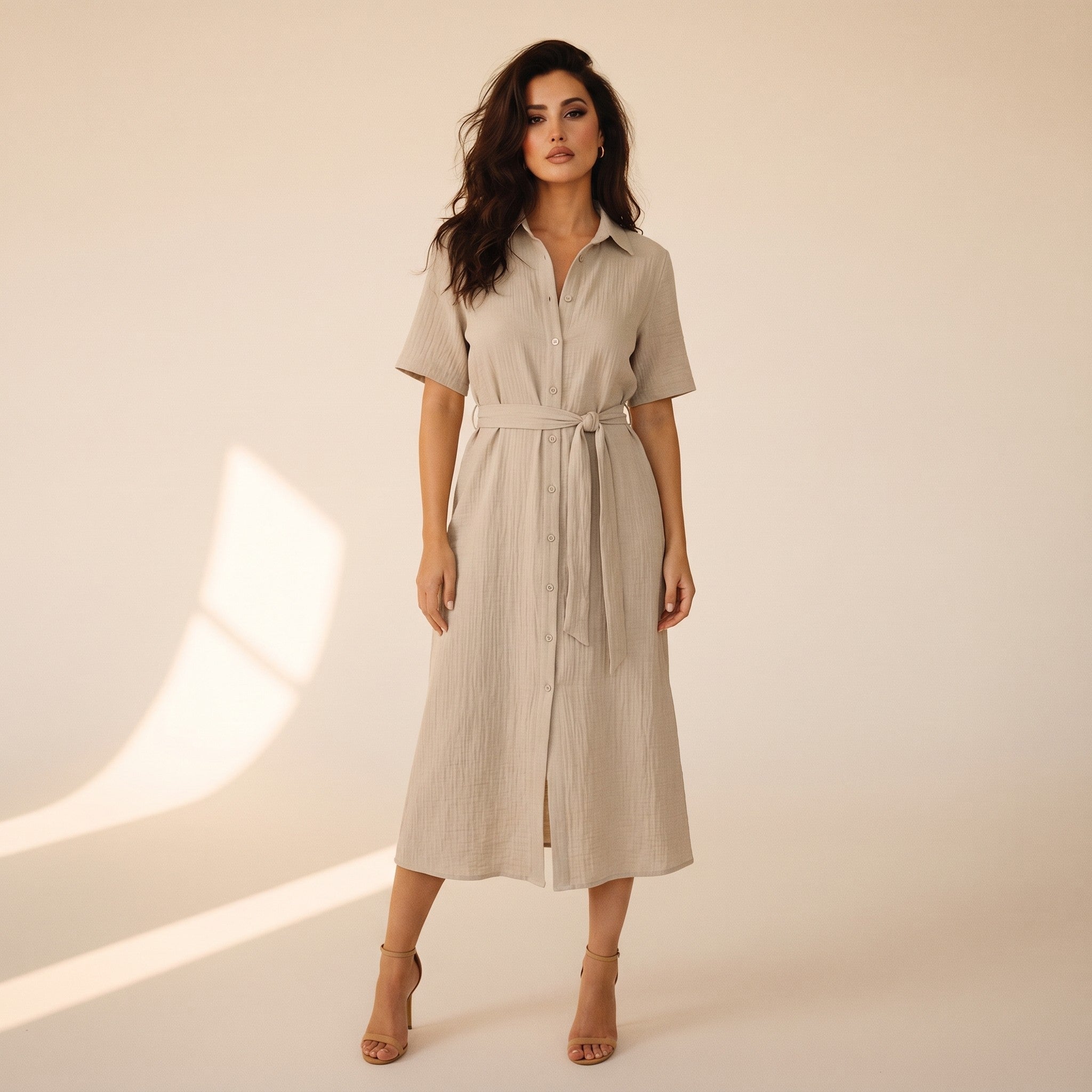 Odette | Women's Cotton Shirt Dress - stone front