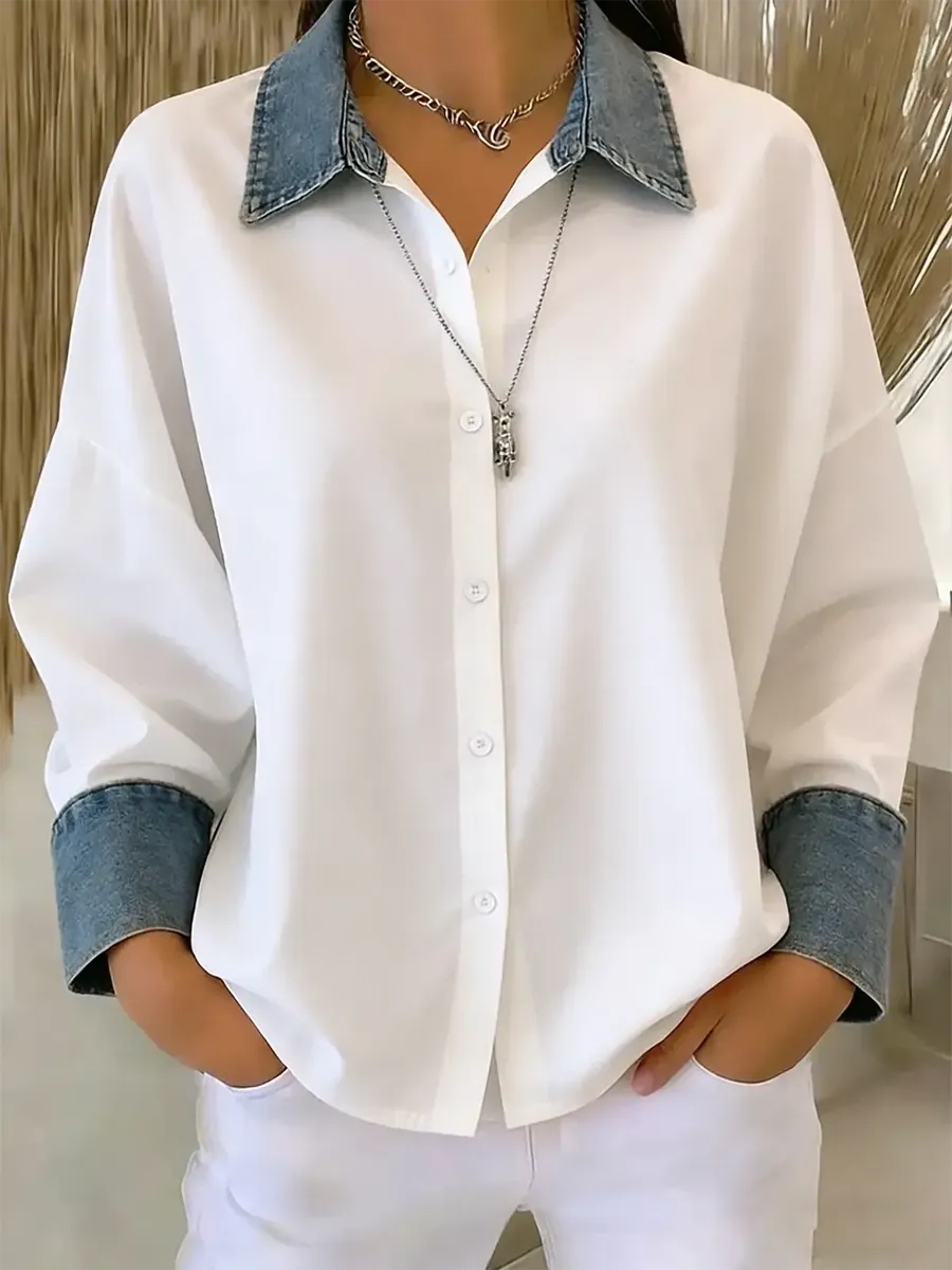 Women’s White Denim Shirt – Colour Block Long Sleeve Collared Button Down