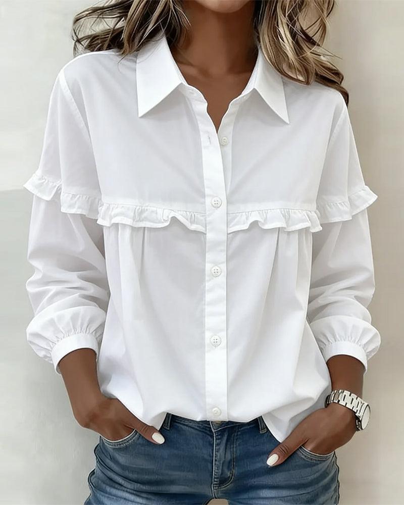 Women’s Ruffle Trim Blouse – Puff Sleeve Collared White Shirt