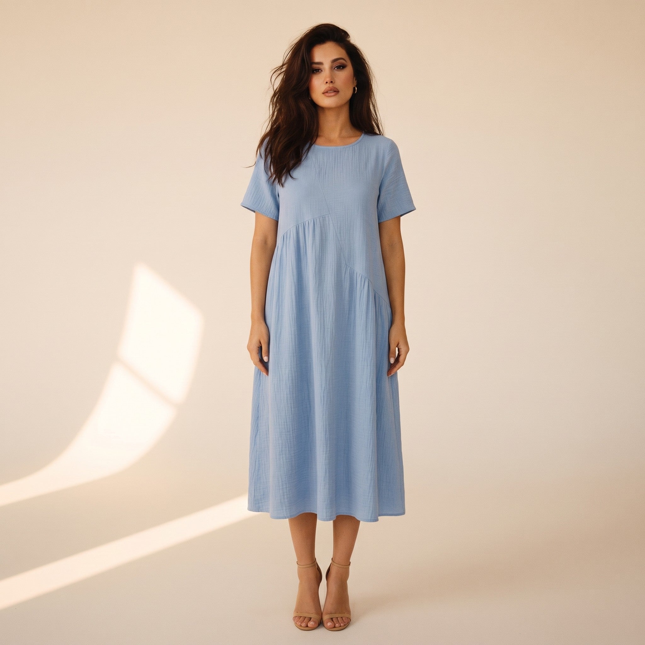 Verity | Women's Cotton Smock Midi Dress - powder blue front