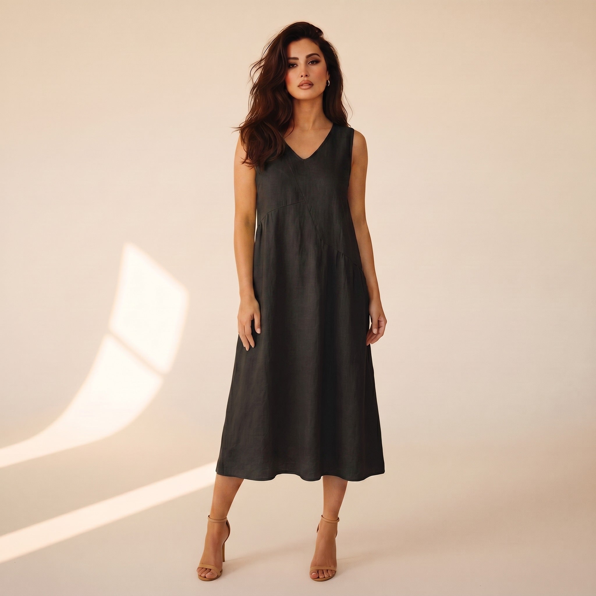 Seraphine | Women's Linen Midi Dress - Black