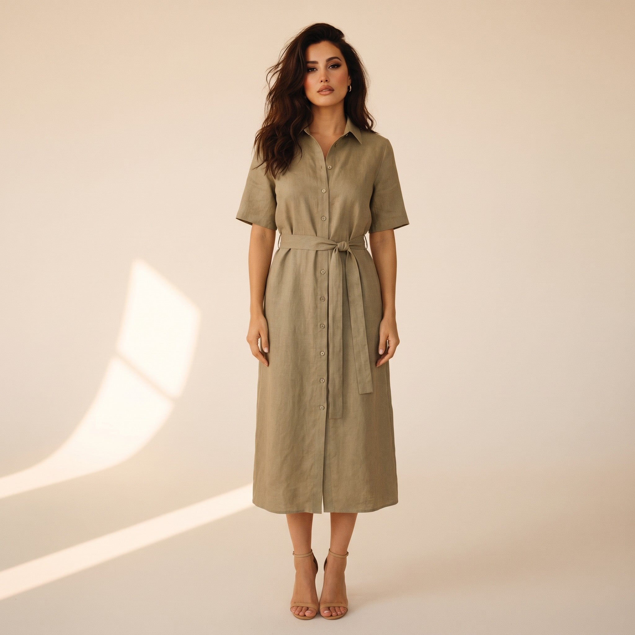 Rosalind | Women's Linen Shirt Dress - khaki front