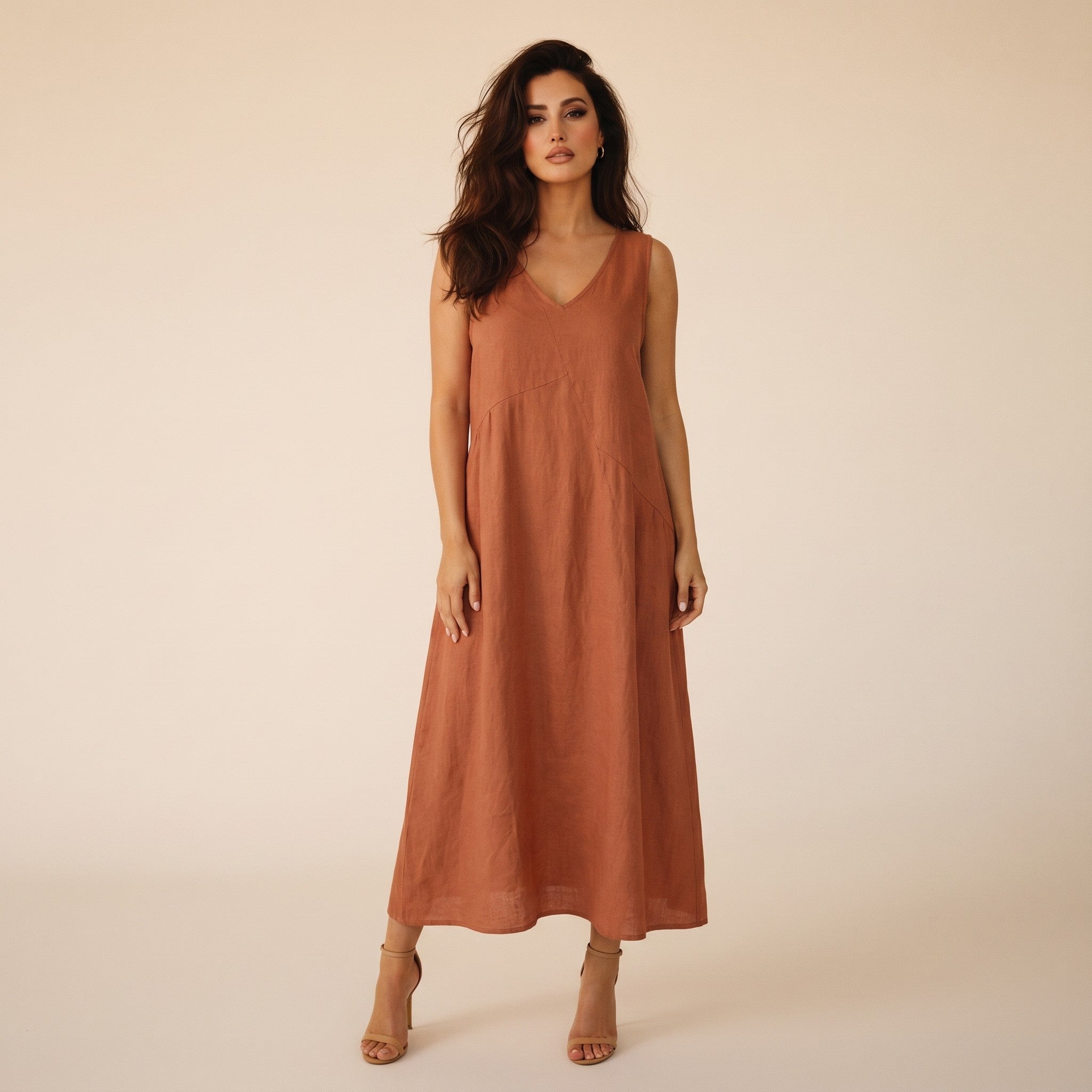 Mirabel | Women's Linen Maxi Dress - terracotta front