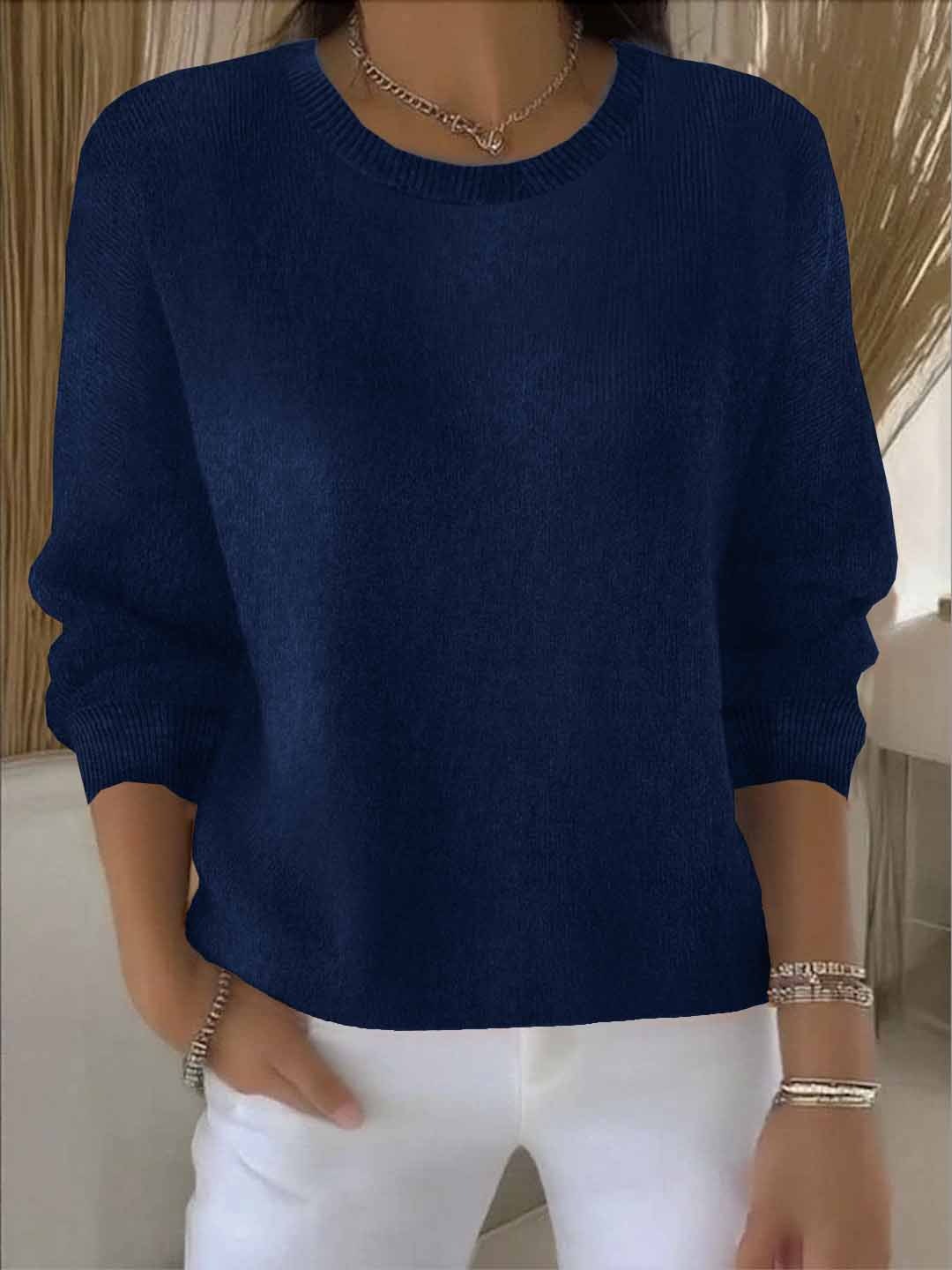 Women’s Casual Knit Sweater – Relaxed Fit Round Neck Top for Everyday Wear