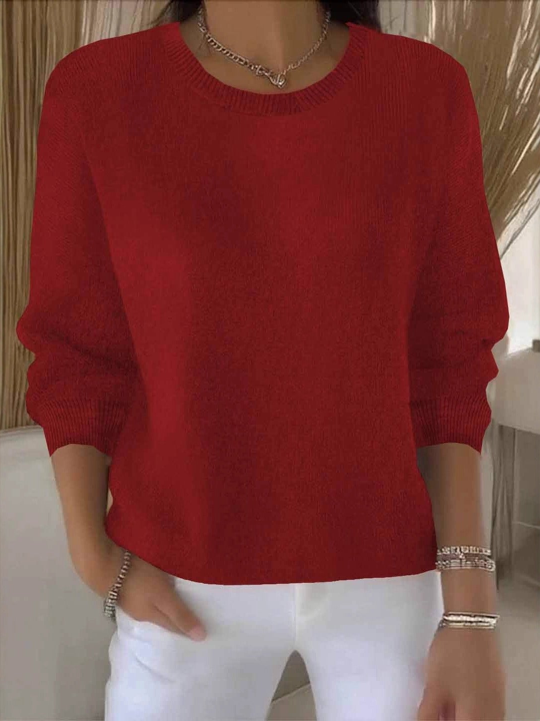 Women’s Casual Knit Sweater – Relaxed Fit Round Neck Top for Everyday Wear
