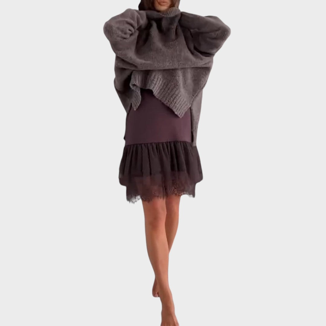 Women’s High Neck Casual Sweater – Relaxed Fit Longline Knit with Textured Finish