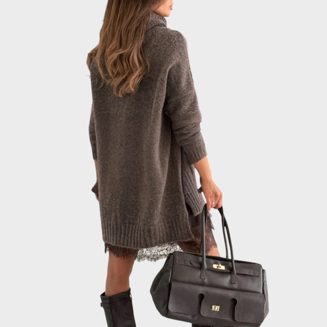 Women’s High Neck Casual Sweater – Relaxed Fit Longline Knit with Textured Finish