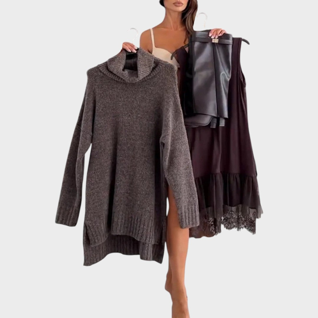 Women’s High Neck Casual Sweater – Relaxed Fit Longline Knit with Textured Finish
