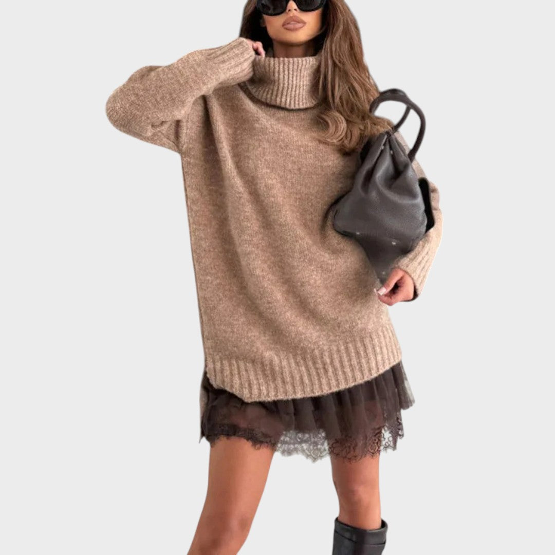 Women’s High Neck Casual Sweater – Relaxed Fit Longline Knit with Textured Finish